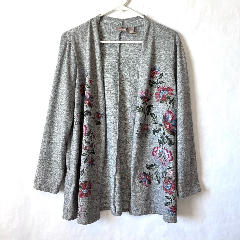 Chico’s Women Size M Grey Floral Cardigan Open Front Soft 3/4 Sleeve Stretch